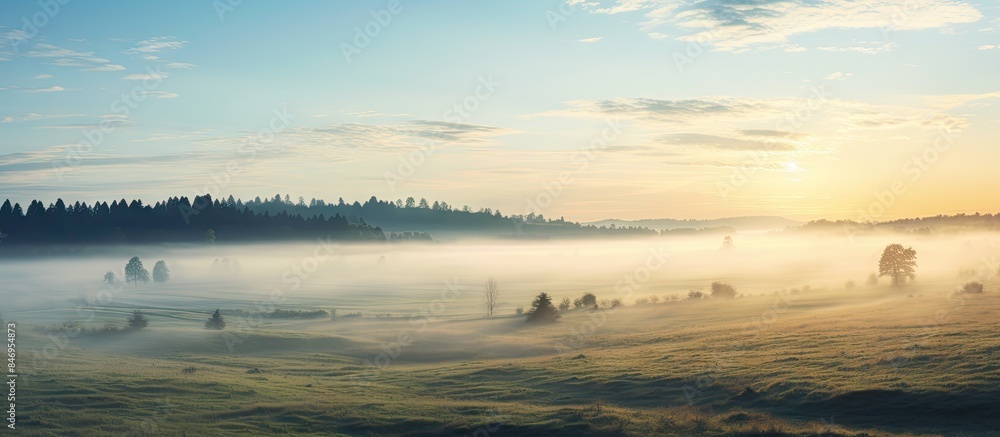 Poster Giraffes grazing in a field on a misty morning with trees in the background. with copy space image. Place for adding text or design