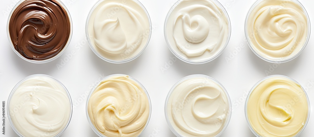 Poster various types of creams in a close-up view, showcasing their textures and colors on a white backgrou