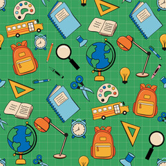 Seamless pattern with set of different school things in color. Retro style