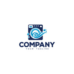 Creative logo design depicting a washer , water waves and a shirt. 
