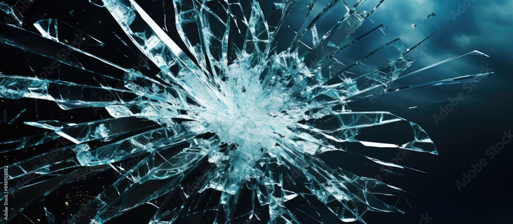 Aufkleber Broken glass window shards on floor with sky visible through the cracks in the background. with copy space image. Place for adding text or design