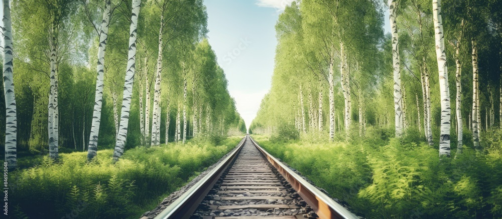 Poster Railroad tracks cutting through a lush forest with tall trees, creating a vintage summer scene. with copy space image. Place for adding text or design