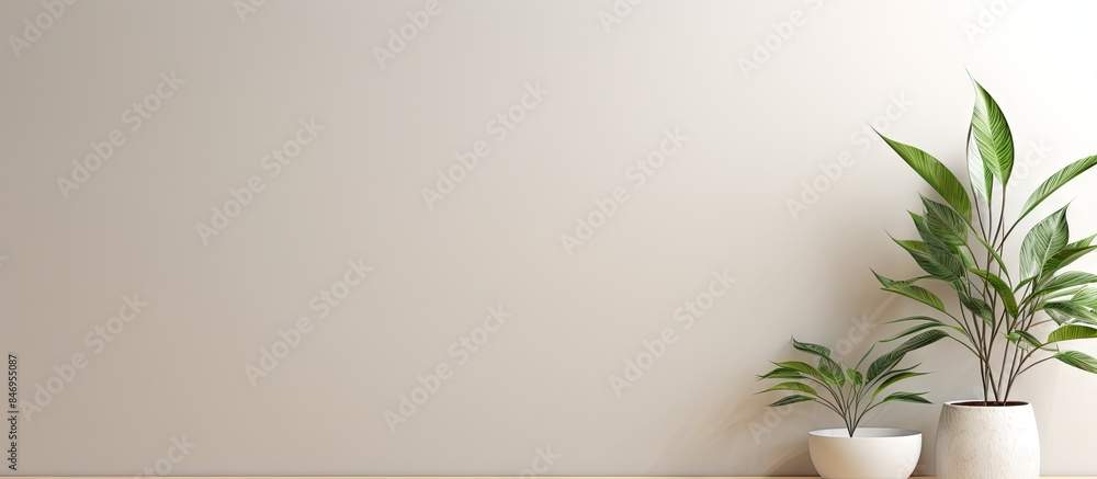 Leinwandbilder Leafy green plants in pots placed on a wooden table, creating a refreshing indoor environment. with copy space image. Place for adding text or design
