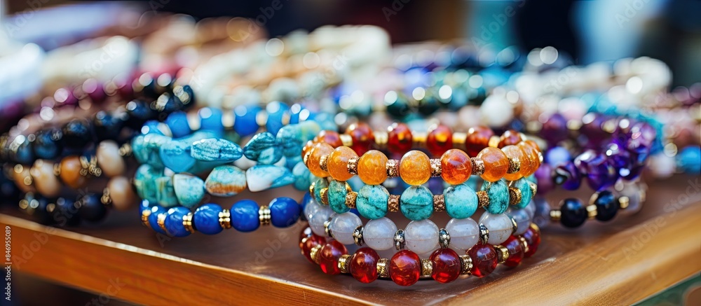 Poster Handcrafted bracelets adorned with gemstones showcased in a jewelry store. with copy space image. Place for adding text or design