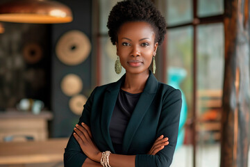 Fototapeta premium Confident african mature businesswoman keeping arms crossed and looking at camera while standing in office