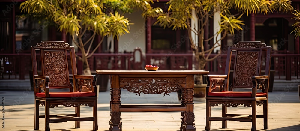Poster Two chairs and a table are set in a cozy courtyard, creating a relaxing outdoor space in a tranquil setting. with copy space image. Place for adding text or design