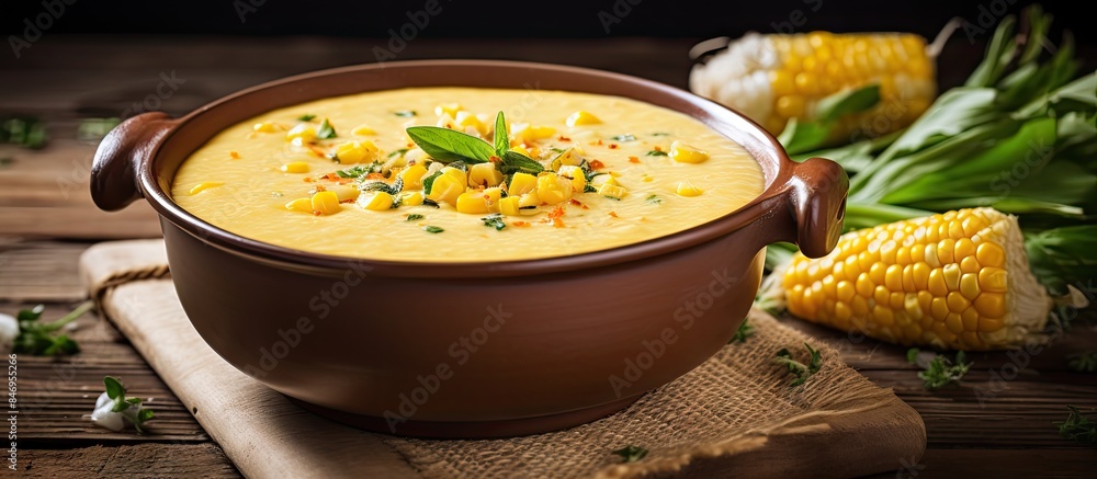 Fototapete creamed corn soup topped with croutons and garnished with fresh herbs in a bowl on a table. with cop
