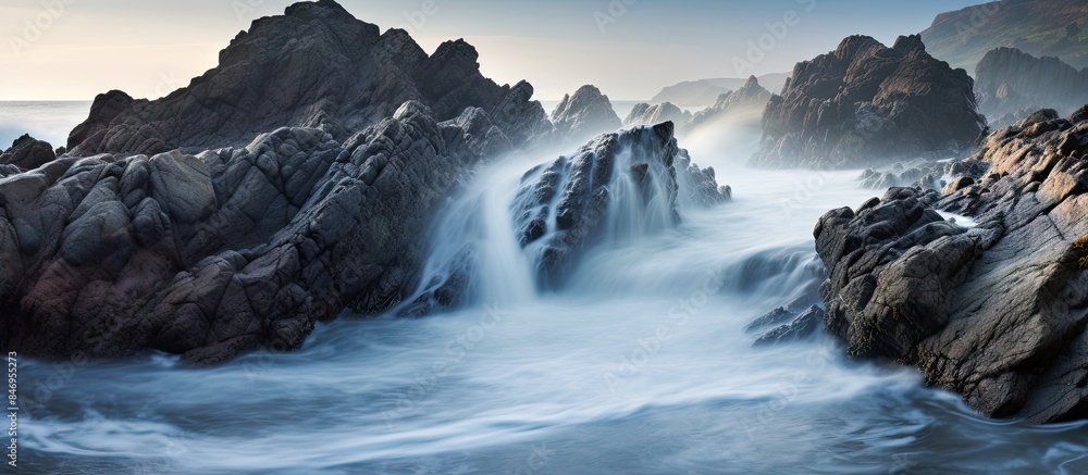 Poster Waves crashing against rugged shore with water resembling a powerful blast under a clear sky. with copy space image. Place for adding text or design