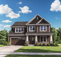 Charming Two-Story House with Brown Siding. Elegant two-story house featuring brown siding, a garage, and a manicured lawn under a bright, clear sky.