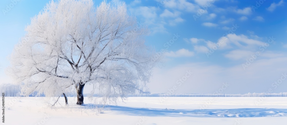 Fototapete A lone tree covered in snow standing in an open field against a backdrop of a clear blue sky, portraying a serene winter scene. with copy space image. Place for adding text or design