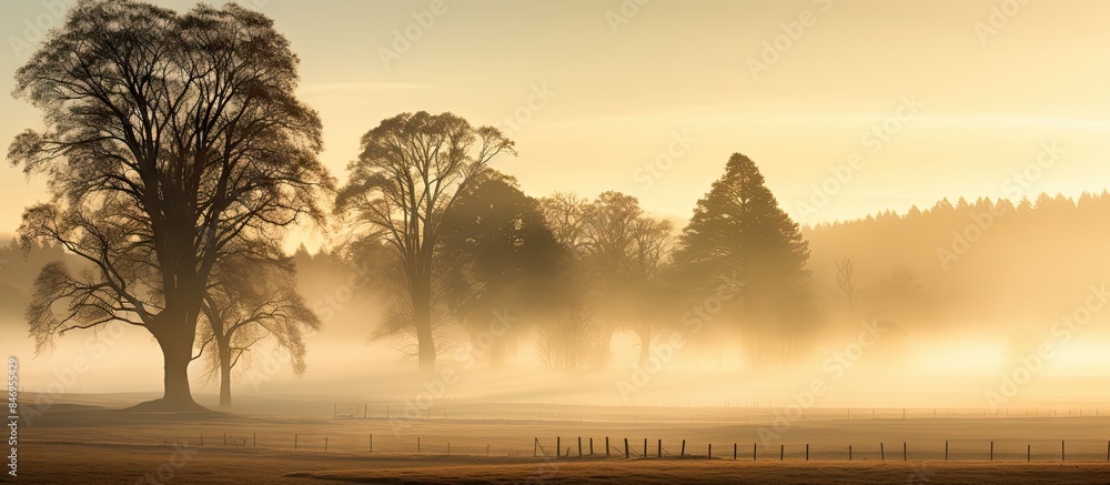 Poster veiled in mist, trees stand tall in the serene countryside on a tranquil morning. with copy space im