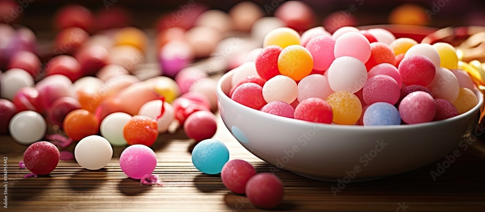 Fototapete Assorted colorful candies are displayed in a bowl on a table, creating a vibrant and sweet treat for all. with copy space image. Place for adding text or design