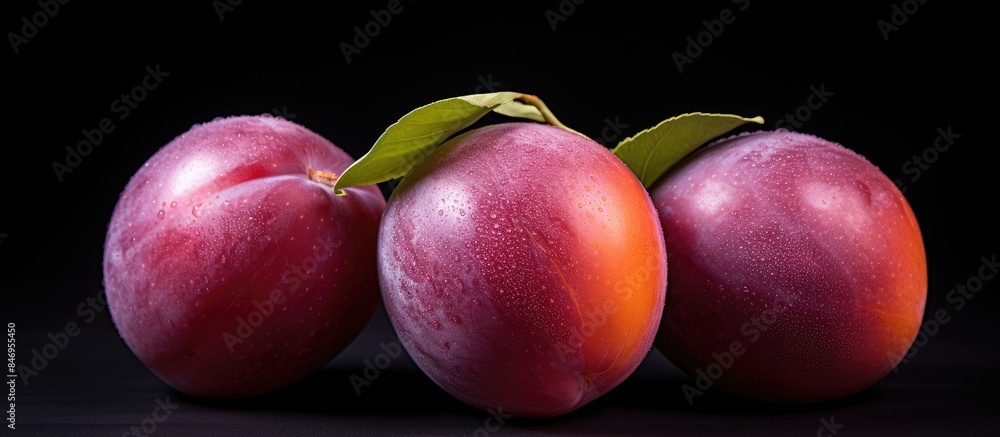 Poster fresh plums with green leaves arranged on a black background, showcasing the vibrant colors and text