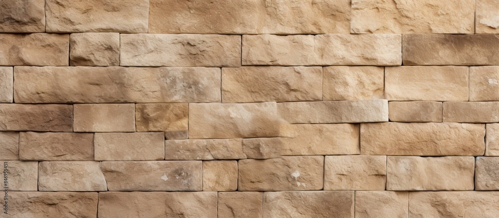 Poster A person walking beside a textured Travertine stone Termolit wall, creating a visually appealing scene. with copy space image. Place for adding text or design