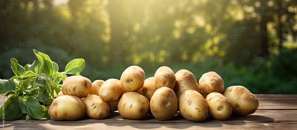 Poster Fresh potatoes displayed with a sprig of basil on a rustic wooden table, showcasing farm-to-table goodness. with copy space image. Place for adding text or design