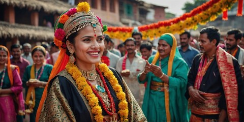 Fototapeta premium An Indian bride smiles during a vibrant traditional wedding ceremony