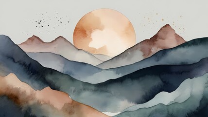 Watercolor Abstract mountains. Aesthetic minimalist landscape with mountain an sun