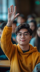 Handsome Asian male college student is sitting in the classroom, raising his hand to answer the teacher's question.