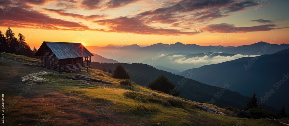 Poster wooden house perched on a mountain slope with a scenic sunset in the background. with copy space ima