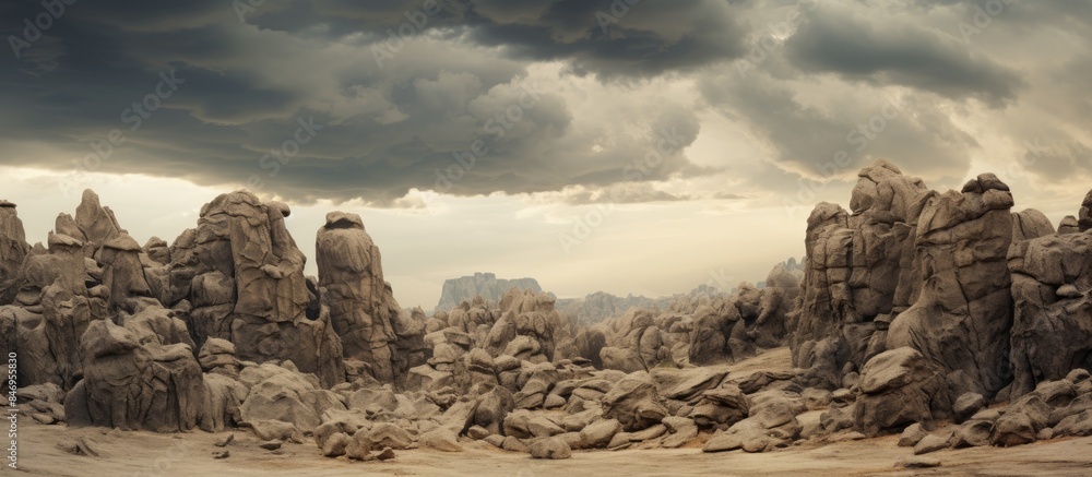 Poster Rock formations scattered across a barren desert terrain with a cloudy sky overhead, creating a dramatic landscape. with copy space image. Place for adding text or design