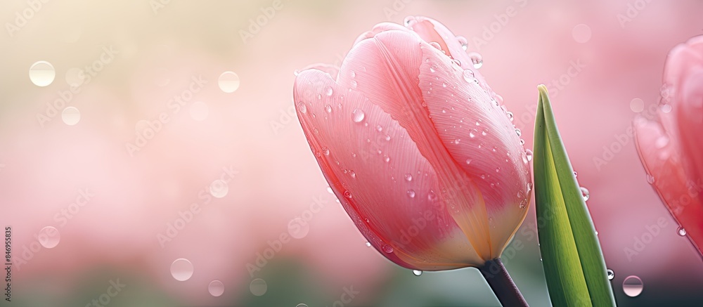Aufkleber Pink tulips adorned with sparkling rain droplets, captured with a selective focus and a shallow depth of field. with copy space image. Place for adding text or design