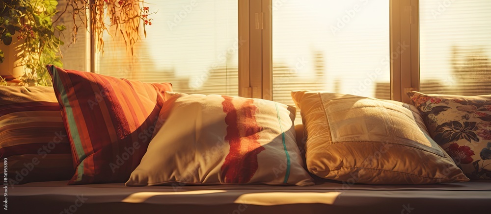 Leinwandbilder a cozy couch adorned with cushions and a vibrant plant basking in the natural light from the window.