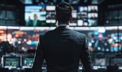 Fototapeta premium A newsmaker is standing in a news studio. A professional newsroom with subtle lighting