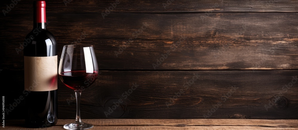 Poster detailed view of a wine bottle and a glass of wine on a wooden background. with copy space image. pl