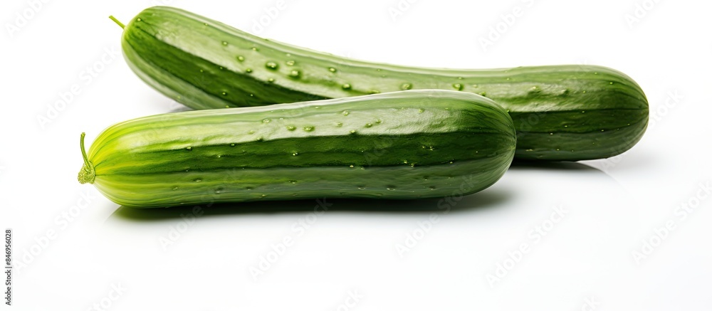 Fototapete pair of cucumbers placed on a wooden table in close proximity. with copy space image. place for addi