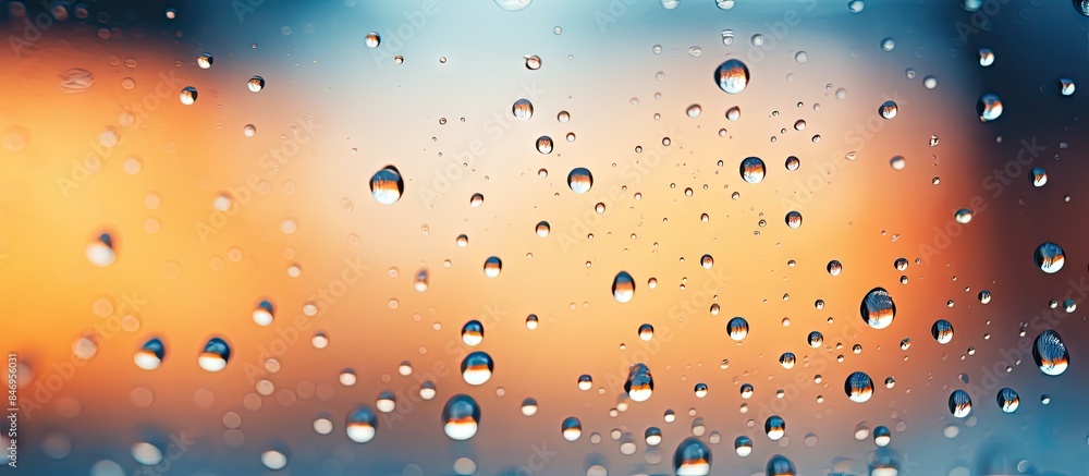 Aufkleber Raindrops glisten on a slightly blurred glass surface creating a serene and calming sight. with copy space image. Place for adding text or design