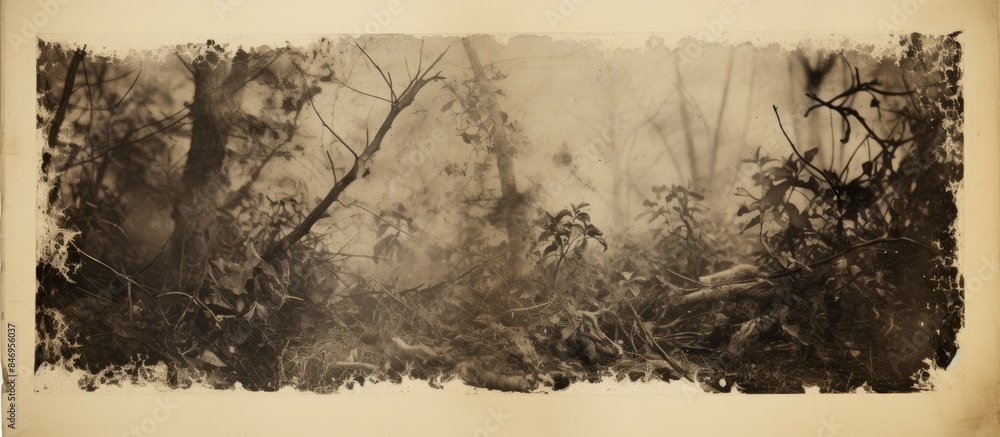 Poster Captured in black and white, this photo showcases a serene forest filled with a multitude of trees. with copy space image. Place for adding text or design