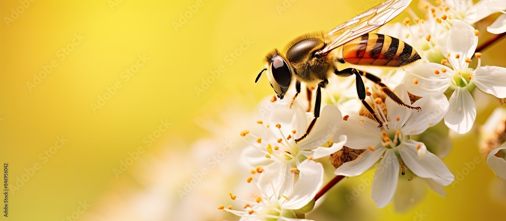 Poster bee resting on a blooming flower while a sun fly helophilus pendulus hovers over a meadowsweet filip