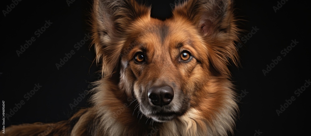 Poster Closeup photo of a dog with a black background, showcasing the official language and scientific name of the canine species Canis familiaris. with copy space image. Place for adding text or design
