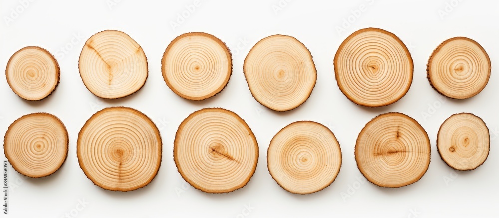 Poster Close-up view of multiple slices of wood arranged on a white surface, showcasing the natural patterns and textures of the wood pieces. with copy space image. Place for adding text or design