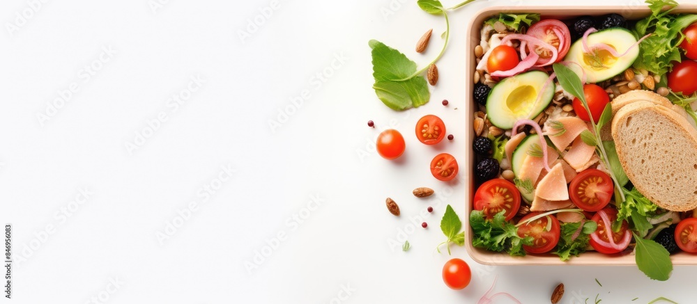 Poster bowl of salad accompanied by bread and tomatoes, presented with an appetizing lunch box viewed from 