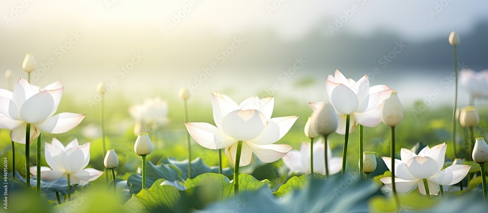 Poster lush field showcasing an abundance of beautiful white flowers blooming in unison under the bright su