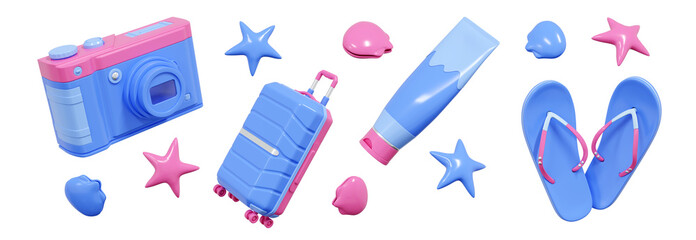 Summer beach vacation 3d render icons set. Summertime seashore trip and travel design elements - photo camera and baggage suitcase, flip flop sandals and sunscreen cream tube, sea shell and starfish.