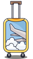 png illustration of porthole airplane window on the suitcase with blue sky and airplane wing view. Png illustraton suitcase. 