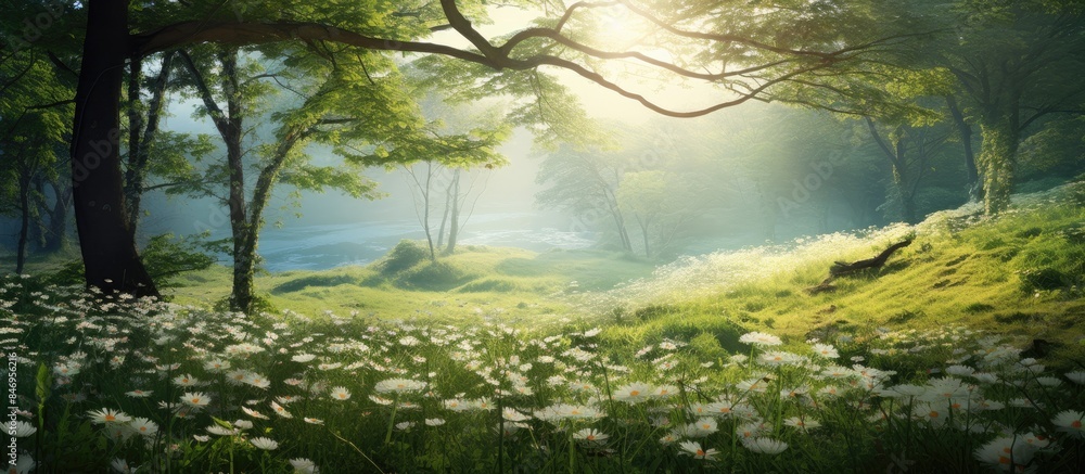 Fototapete a beautiful closeup of colorful field flowers with lush trees in the background. with copy space ima