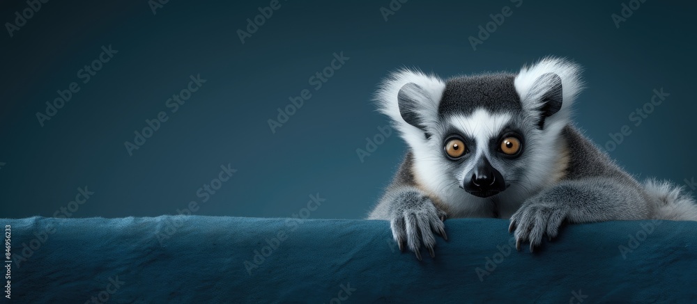Aufkleber The lemur is perched on a vibrant blue couch, gazing over a wall in front of it, blending in with the sofa's color. with copy space image. Place for adding text or design