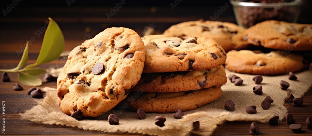 Poster Chocolate chip cookies placed on a table accompanied by scattered chocolate chips for added flavor. with copy space image. Place for adding text or design