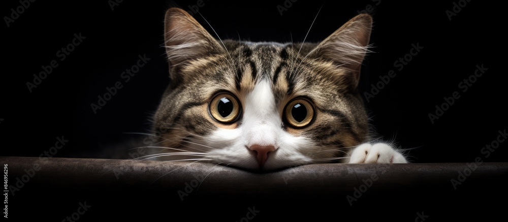 Fototapete tabby and white cat captured in a charming gaze with prominent brown and white fur, set against a de