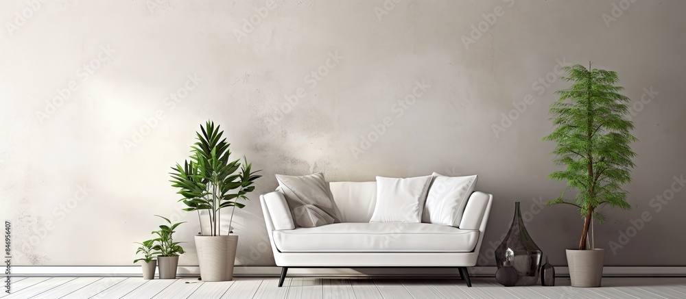 Poster modern interior with versatile white sofa, cozy armchair, and a touch of nature from a houseplant. w