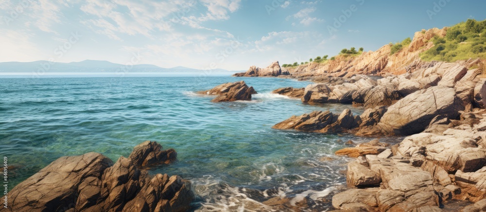 Poster Scenic view of a rugged coastline adorned with verdant trees set against a backdrop of the cerulean sea on a bright day. with copy space image. Place for adding text or design