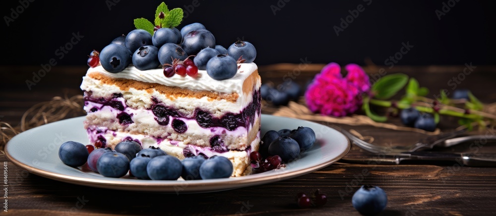 Leinwandbilder homemade blueberry cake topped with fresh berries served on a plate. with copy space image. place fo