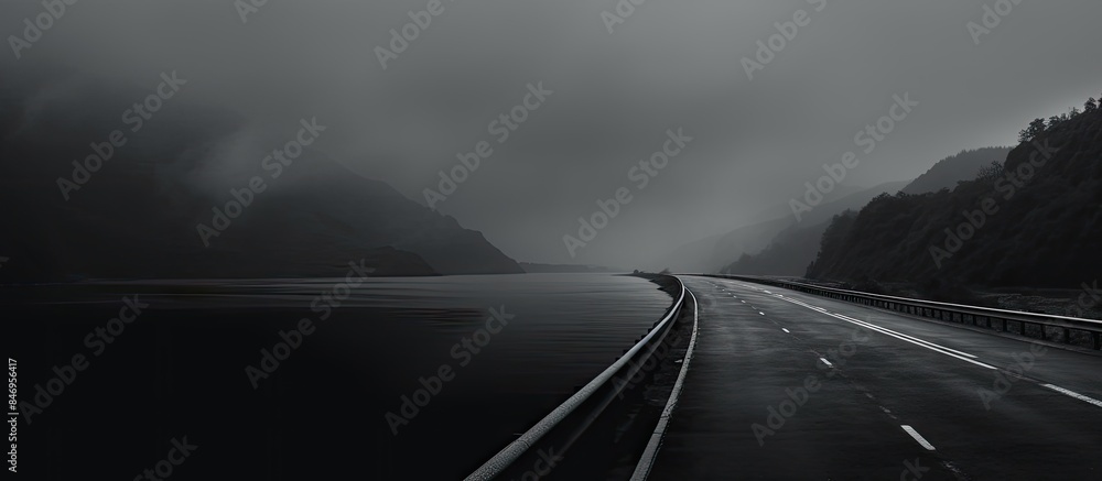 Poster A bird strolls along a highway while the surrounding scenery features moody monochrome tones in the roads and water. with copy space image. Place for adding text or design