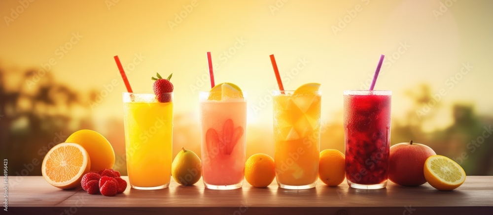 Aufkleber Different types of drinks are neatly lined up on a flat surface, offering a variety of choices for refreshment. with copy space image. Place for adding text or design