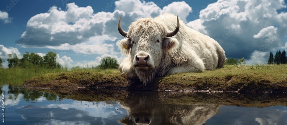 Poster The large white buffalo is relaxing next to a pond. with copy space image. Place for adding text or design
