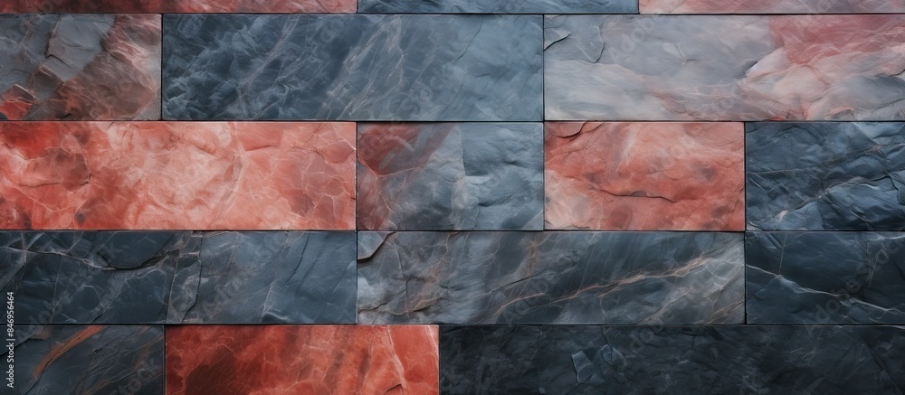 Aufkleber close-up view of a red and black marble wall contrasted with natural stone outdoor tiles in black an