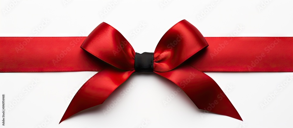 Poster Close-up shot of a red ribbon with a black bow isolated on a white background. with copy space image. Place for adding text or design